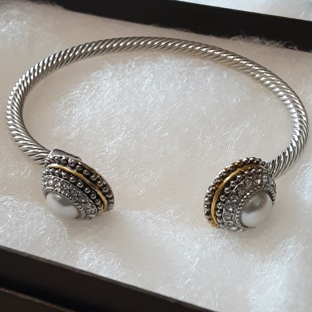 Twisted Pave Pearl and Rhinestone Bracelet